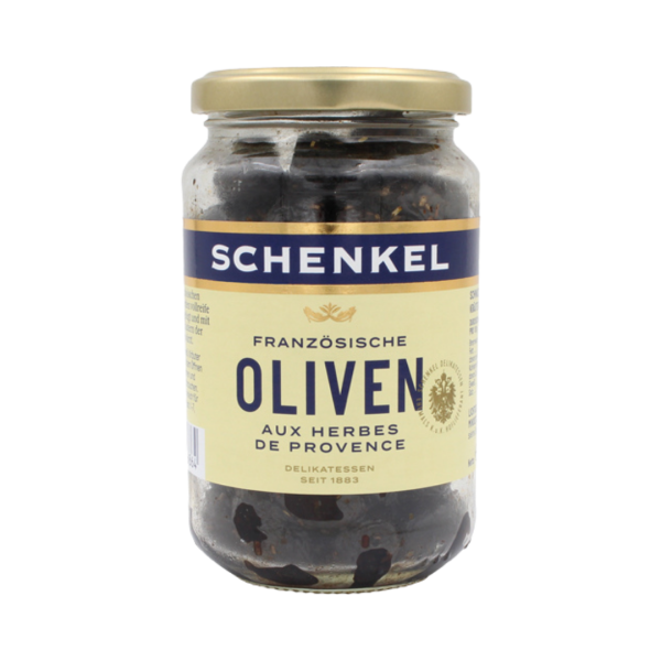 Schenkel Oliven schwarz, mit Kräutern der Provence, getrocknet, mit Kern, aus Frankreich, 230g (Abtropfgewicht)